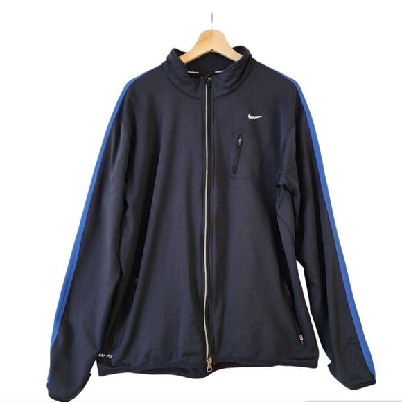 Nike Mens Dri Fit Track Running Jacket Fleece Lined Black W/Blue Stripe Sz Large - Picture 1 of 11